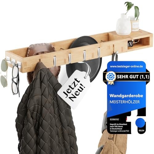 Meisterhölzer Wandgarderobe Holz – 4-in-1 Garderobenleiste mit Ablage, klappbaren Haken, Brillenhalter & Kleiderstangen – Modern & Platzsparend für Flur, Diele & Schlafzimmer