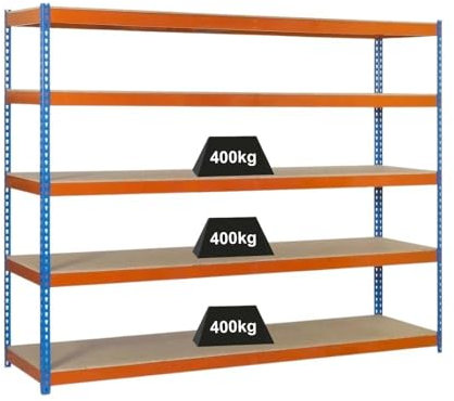 PROREGAL Schwerlastregal Big Wood YETI Five | HxBxT 200x120x75cm | Fachlast 400kg | Blau-Orange | Regal Standregal Werkstattregal Lagerregal Kellerregal