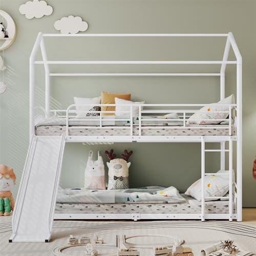 VRYGLEN Litera de 90 x 200 cm con escalera, cama con tobogán, cuna y cama juvenil con protección contra caídas y rejilla, marco de metal (blanco)