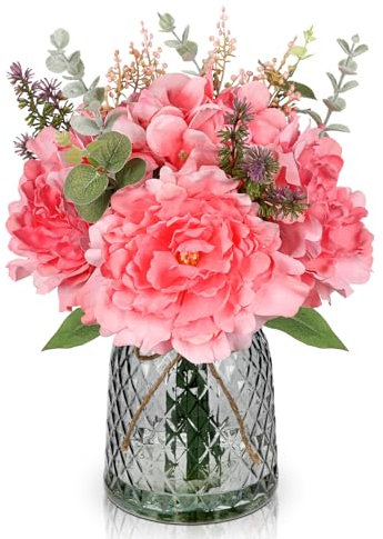Oaise Artificial Flowers with Vase Artificial Peony Hydrangea Flowers Red Silk Flowers Realistic Floral Arrangement for Home Kitchen Living Room Table Centerpieces Office Wedding Party Decorations