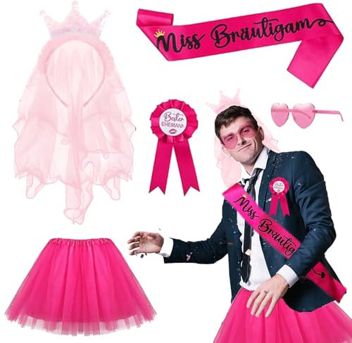 RIRIDAMAI JGA Männer Kostüm Set - Junggesellenabschied Outfit Mit Brille, Schärpe, Abzeichen, Tüllrock, Krone - Party Zubehör für Hochzeit Deko