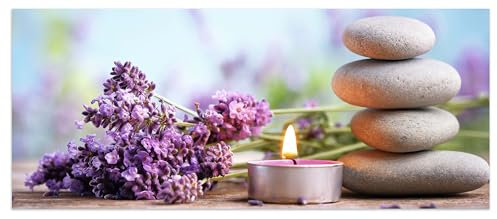 wandmotiv24 Leinwandbild Teelicht, Steine, Lavendel, Wellness 120x50cm (BxH) M1102