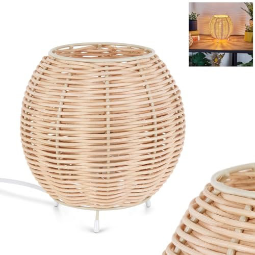 Tischleuchte Malpica, Tischlampe aus Metall/Rattan in Beige/Naturfarben, Leuchte im Boho-Design mit Schirm aus Rattan (Ø 16 cm) u. An/-Auschalter am Kabel, Höhe 16,5 cm, 1 x E14, ohne Leuchtmittel