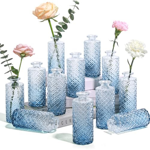 ComSaf Glass Bud Vases Set of 12, Small Diamond Bud Vases in Bulk, Mini Flowers Vases for Centerpieces, Vintage Decor Centerpiece for Table, Wedding Recepetion, Home, Gift (Gradient Grey Blue)