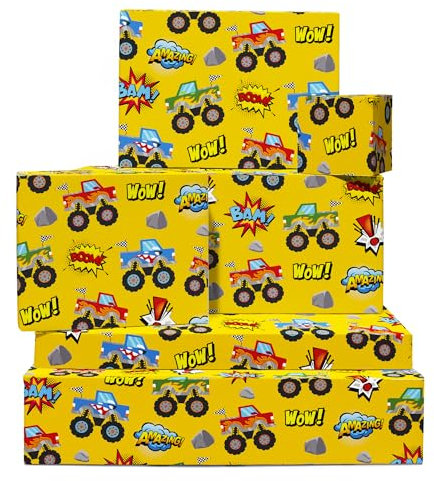 Monster Truck Geschenkpapier – 6 Blatt Geburtstagsgeschenkpapier – Comic-Motiv – Geschenkpapier für Jungen, Gelb – mit Aufklebern – recycelbar – von Central 23