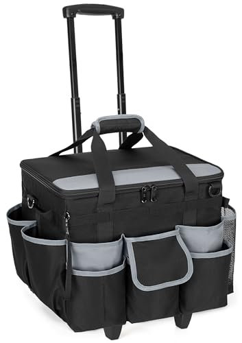 HODRANT Large Rolling Cleaning Caddy Bag with Detachable Trolley & Lid, Cleaning Supplies Organizer Cart on Wheels, Portable Cleaning Caddy with Shoulder Strap & Handles, Black
