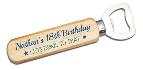 Personalised Wooden Bottle Opener – 18th Birthday – Let’s Drink to That – Custom Printed Beer Opener with Name & Message – Rustic Wood Handle & Stainless Steel – Unique Beer Gift for 18th Birthday