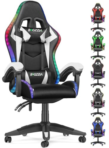 bigzzia Gaming Chair with RGB Computer Chair with Light Reclining PU Leather Video Game Chair with Headrest Adjustable Lumbar Support (With RGB led, White)