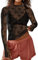 PANOZON Mujer Camiseta de Encaje Top Elástico Sexy Casual Elegante Transparente Camiseta de Manga Larga Y2K Moda Fiesta
