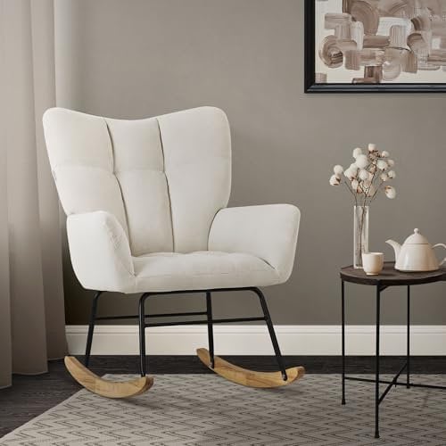 ML-Design Schaukelsessel Beige, Schaukelstuhl mit Bezug in Frottee-Optik, Gepolsterter Schwingsessel mit Holzkufen, Relaxsessel mit Armlehnen für Wohnzimmer/Schlafzimmer/Balkon, Relaxstuhl Ohrensessel