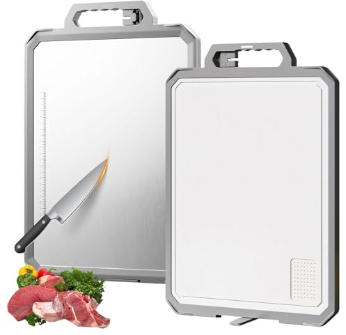 Gemsaya Double-Sided Chopping Board, 304 Stainless Steel Cutting Board with Handle, Knife Sharpener, Juice Groove, Scale Ruler, Metal Chopping Boards for Kitchen Meat Fruit Vegetable, 44x30cm