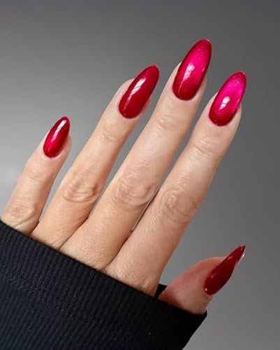 Faux Ongles Court MouyouGlow,Amande Cat Eye Rose Rouge Magnetic Press on Nails avec Colle à Ongles,Rose Red Phototherapy Fake Nails