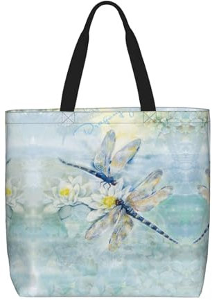 DNBCLEZK Dragonfly Lotus leichte Polyester-Umhängetasche, große Tasche, Shopper mit trendigen Drucken, Uni, für den täglichen Gebrauch für Damen und Herren (mehrere Muster-Designs), Schwarz ,