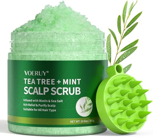 Exfoliante para el cuero cabelludo, 2 en 1 con aceite de menta, tratamiento capilar para aclarar y eliminar depósitos con masajeador de cuero cabelludo de silicona, 10,6 oz/300 g