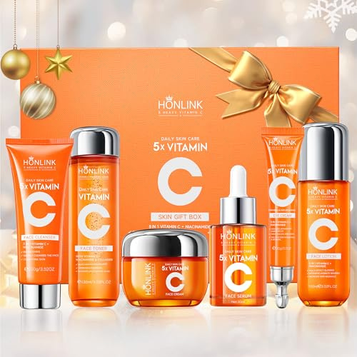 Glown 6-Piece Hydrating Skincare Set with Vitamin C & Niacinamide, Face & Body Care Kit with Cleanser, Toner, Serum, Moisturizer, Eye Cream & Body Lotion | Luxury Mother’s Day Gift for Women