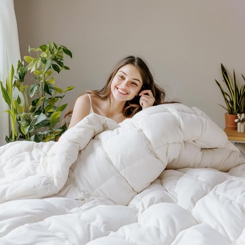 SANSWAN Goose Down Feather Fiber Comforter Queen Size - All Season White Duvet Insert with 100% Organic Cotton Fabric - Luxurious Hotel Collection Bedding,Ultra Soft,Medium Warmth (90x90 Inch)