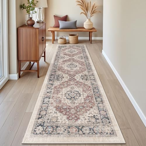 DEXI Läufer Flur 60 x 210 cm, Waschbar und rutschfest, Beige | Dünne Vintage‑Stil Läufer Teppich, Schmutz & Wasser Teppichläufer für Flur, Hauseingänge, Küche, Waschküche
