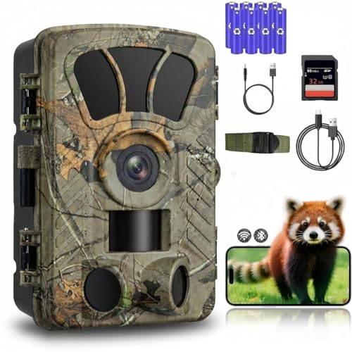 LMHOME 5K 60MP Wildlife Camera with Mobile Phone App, WiFi & Bluetooth, Night Vision & Motion Sensor, IP66 Waterproof, 32GB SD Card and 8x AA Batteries - Perfect for Hunting, Wildlife Watching and
