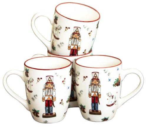 Darthome Nutcracker Christmas Mugs, 320ml Ceramic Coffee Cups, Set of 4, White and Red