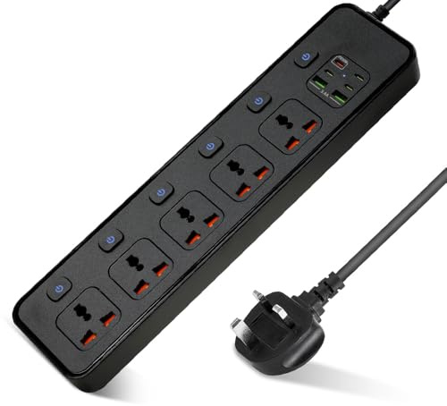 RNPKZ 2M Extension Lead with USB Slots, 5 Way Plug Extension Socket with Individual Switches, 2 USB Ports, 3 Type-C Ports & 1 PD30W, Socket Extension Cable, UK Multi Plug Adapter Electrical Cords