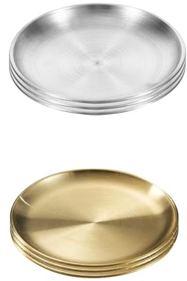 hufhnwso 14cm Edelstahl Teller Set, 6 Stück (3x Gold + 3x Silber) – Platzteller, Dekoteller Rund für Küche, Camping, Picknick, Barbecue, Party & Weihnachten – Rostfrei, Spülmaschinengeeignet