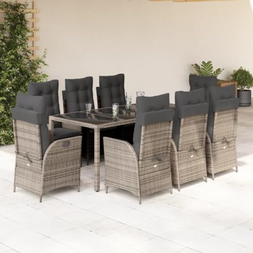 JHQHSM 9-TLG. Garten-Essgruppe mit Kissen Grau Poly Rattan, Outdoor-Möbel mit Verstellbarer Rückenlehne und abnehmbaren Bezügen, langlebige PE-Rattan Sessel und Tisch mit Glasplatte