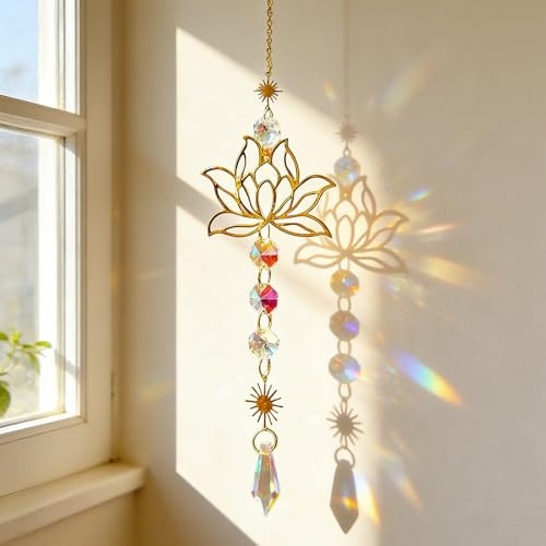 Kristall Sonnenfänger Lotus 44 cm,Lichtfänger mit Regenbogen Effekt, Spirituelle Geschenke für Frauen, Fensterdeko Hängend, Kristall Deko für Zuhause, Garten, Büro, Meditation & Yoga Raum
