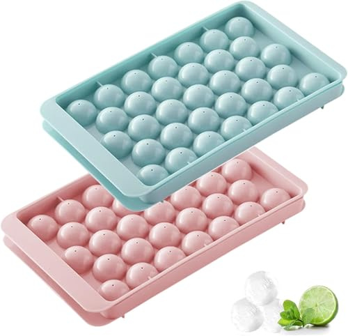 Round Ice Cube Tray with Lid, Sphere Ice Mould for Drinks, Reusable Ice Tray for Water Whiskey Cocktail Tea Coffee, Blue/Pink