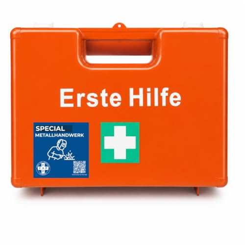 FAP Erste-Hilfe-Koffer Metallhandwerk DIN 13157 gefüllt - Orange | Augenspülung & Kühlspray | Schweißer Schlosser CNC Metallbau ABS Kunststoff, Betriebsverbandkasten Wandhalterung -33×42×15 cm