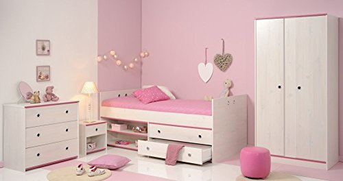 trend-moebel KINDERZIMMER 4-TLG.-Set Komplettset KLEIDERSCHRANK 2-TRG. Bett 90x200 cm KOMMODE DREHBARE Kanten PINK/BLAU NEU
