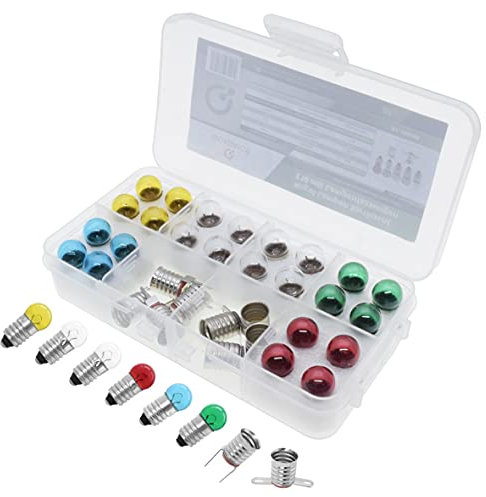 QUADRIOS GmbH Assortiment de 32 ampoules sphériques E10 multicolores (6V/50 mA) avec douilles et docteur, 32 pièces (pièces de rechange pour éclairage traditionnel, vélo, lampe de poche, modèle)