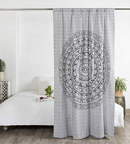 Madhu International Indische Baumwolle Elefant Mandala Fenster Tür Abdeckung Tapisserie Vorhang Hängende Drapierung Portiere Raumteiler Fensterbehandlung 1 Panel B 137 x L 198 cm Weiß