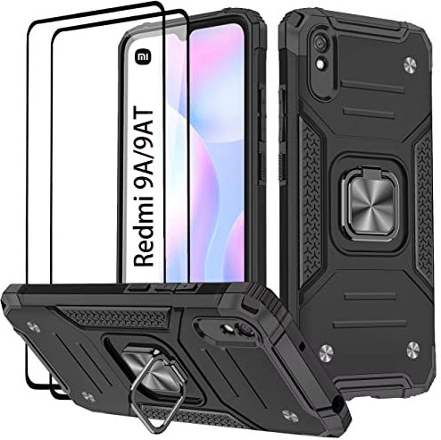KANSi Coque Compatible pour Xiaomi Redmi 9A / 9AT, Verre Trempé [2 Pièces] Housse TPU Silicone Rotation 360° Aimant Anneau Support Double Défense Protection Etui pour Redmi 9A - Noir