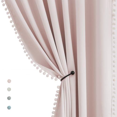 Treatmentex Set di tende corte per finestra con pompon rosa, 114 cm, per cameretta dei bambini, 2 pannelli, tasca per asta, per adulti