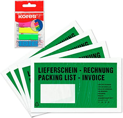 WPTrading - 1.000 x Lieferscheintaschen 225 x 120 mm in DIN-LANG Grün Lieferschein/Rechnung inkl. 125 Page-Marker in 5 Farben - Dokumenten-Taschen selbstklebend - Begleitpapiertaschen für Versand