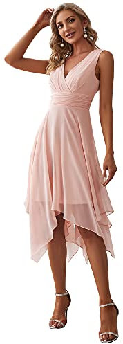 Ever-Pretty Robe de Cocktail Longue Femme Asymétrique Col en V en Mousseline de Soie Plissé Classique Rose 52
