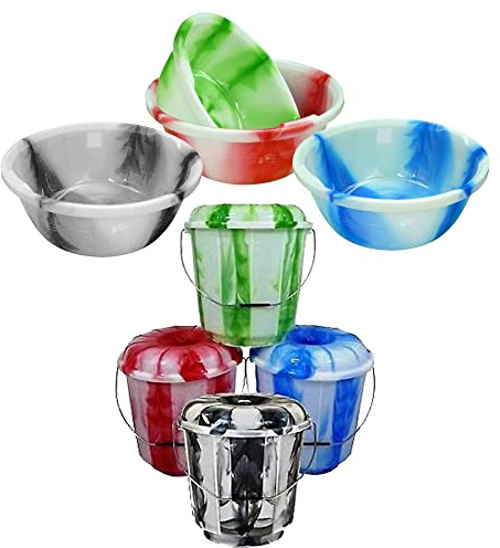 1 x 20 Plastic Tie Dye Basin Tub Dish Washing Up Bowl and 1 x 3L Litre Plastic Tie Dye Multipurpose Bucket with Lid and Carry Metal Handle for Food Storage Kitchen Animal Feed (Random Colours)