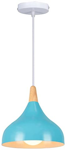 WOTTES Suspension Rétro Métal Industriel Suspension E27 Réglable Corde Bois Aluminium Abat-Jour Pour Salon Cuisine Salle À Manger Chambre (Ampoule Non Incluse) (bleu clair)