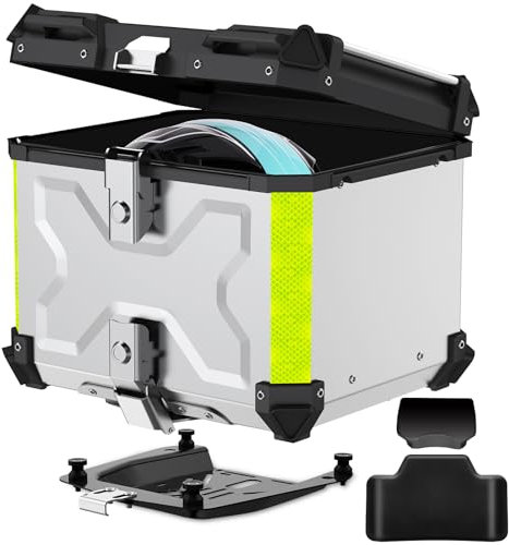 Motorrad Topcase, 55L Topcase für Roller Wasserdicht Topcase Aluminium Motorrad Heckbox Reisen Motorradkoffer mit Sicherheitsschloss für Motorradhelm Helm, Wasserdicht Motorrad Top Box (Silber)