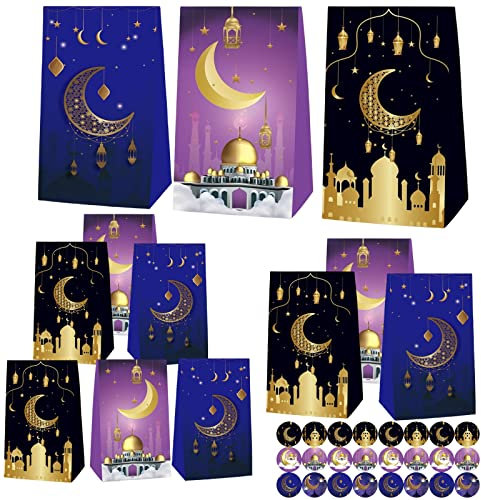 Mecctuck Eid Mubarak Geschenktüten, 12 Stück mit 24 Aufklebern, Stern, Mond, Schloss Muster, Eid Mubarak Party, Ramadan, 1 stück (12er Pack), Papiertüten, Geschenktüte, Giftverpackung