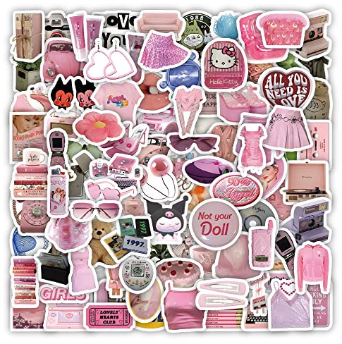 FRESHOER 100pcs Rosa Mädchen Romantik Aufkleber Kawaii Stickers Nette Vsco Vinyl Laptop Aufkleber wasserdichte ästhetische Aufkleber für Kinder Mädchen
