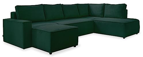 MIUFORM Cord Sofa U Form 322 cm x 194 cm x 89 cm, Ecksofa mit Schlaffunktion und Bettkasten- Brave Dave U- Wohnlandschaft U Form mit Schlaffunktion, Sofa Cord (Flaschengrün, Rechts ausgerichtet)