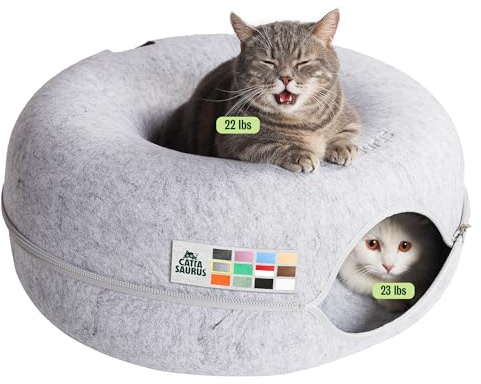 CATTASAURUS Peekaboo Katzenhöhle für mehrere und große Katzen bis zu 13,6–20,4 kg, kratzbares abnehmbares und waschbares Tunnelbett, Bequeme Donut-Katzenhöhle (Hellgrau, groß)