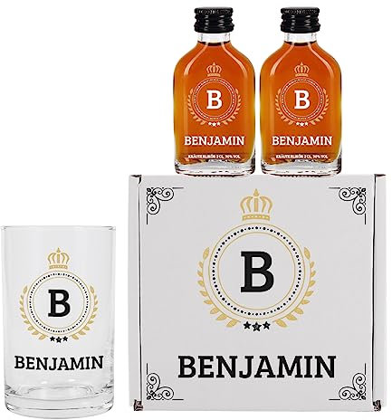 Herz & Heim® Schnapps-Geschenk Set für Männer mit Monogramm und Wunschname/mit 2 Fläschchen Kräuterlikör, Schnappsglas und Geschenkbox