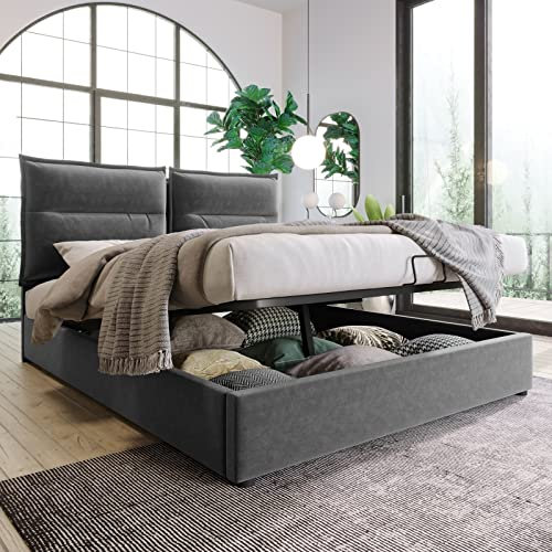 AMDXD Home Hydraulisch Doppelbett Polsterbett 140x200cm, Verstellbares Kopfteil, Bett mit Lattenrost aus Metallrahmen, Samt, Modernes Bettgestell mit Großer Stauraum, Grau(Ohne Matratze)