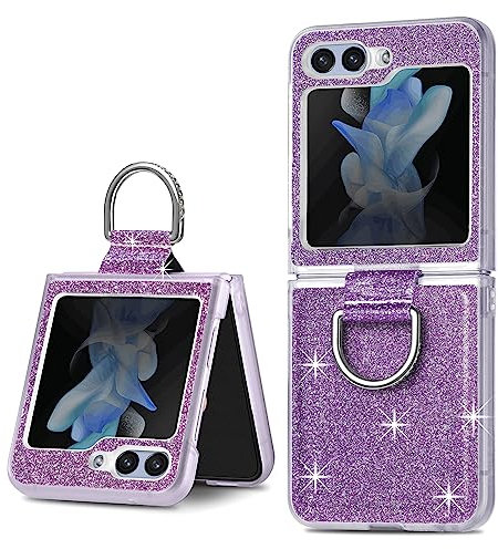 Case for Samsung Galaxy Z Flip 5 Case with Ring Holder Glitter Shockproof Hard PC Shell Shiny PU Leather Cover Girls Women Slim Thin Protective Samsung Galaxy Z Flip 5 5G Phone Case,Purple