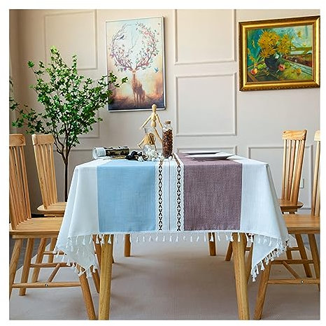 KnSam Tischwäsche, Streifen mit Quaste Tischdecke Polyester Tischdecke Garten Fleckschutz Schmutzabweisend für Küche, Esstisch, Couchtisch, Parteien, Abendessen, 110x170CM, Blau Kaffee-Quaste