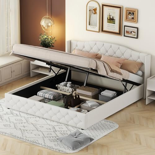 Becag Doppelbett 180x200, Polsterbett mit Stauraum, Bett mit Lattenrost, Hydraulischer Bettrahmen Stauraum Betten, Rückenlehne Bett Stauraumbett Funktionsbett Jugendbett, Beige Leinen, Ohne Matratze