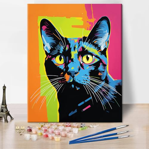 TISHIRON Pintura abstracta de gato por números para adultos gato negro animales gatitos lindos kits de pintura por números en lienzo acuarela pintura por números para adultos principiantes obra de