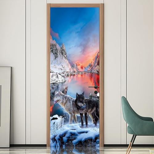 Tür tapeten 3d selbstklebend Alpiner Wolf Türposter Türaufkleber Abnehmbare Vinyl türfolie Fototapete diy Wandbild Wohnzimmer Schlafzimmer Kinderzimmer Badezimmer B100 x H200cm